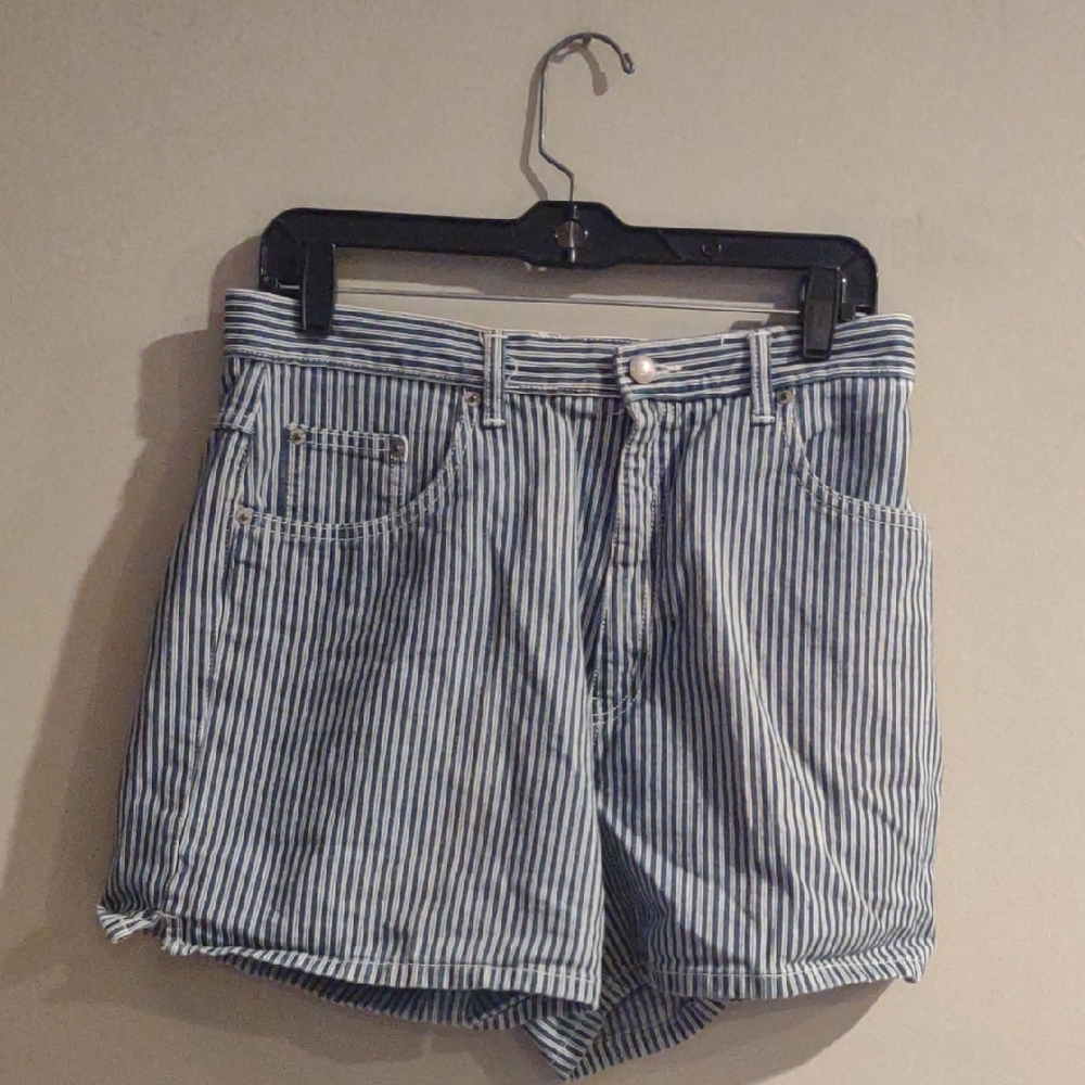 Halston Womens 12 Heritage‎ Blue Striped Denim Shorts
